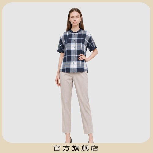 柯罗芭夏季女通勤灰调海蓝格衬衫