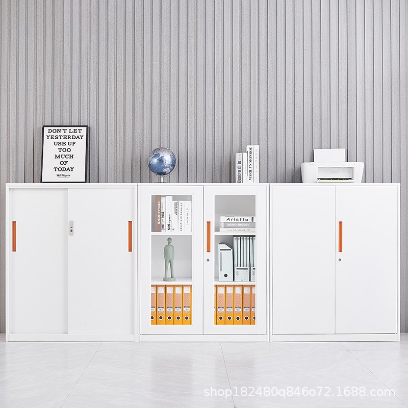 办公室移门矮柜钢制推拉文件柜档案室资料柜员工桌边柜铁皮柜带锁