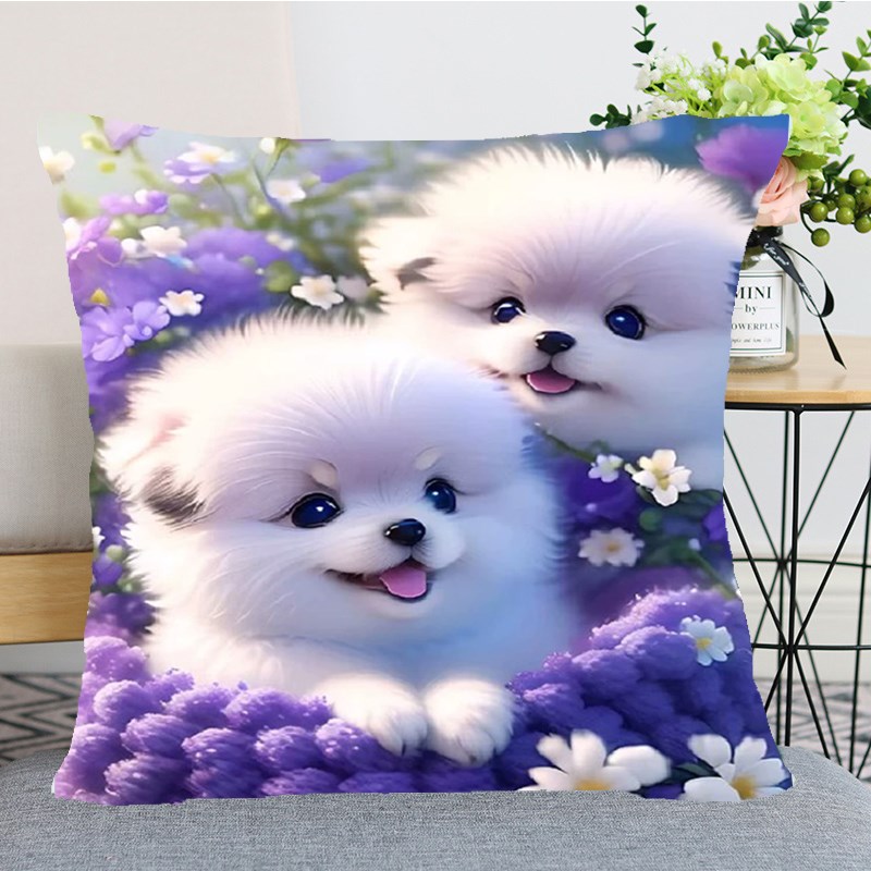 治愈系奶狗十字绣手工自己线绣抱枕紫色小花沙发靠枕风景印花满绣