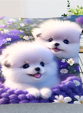 治愈系奶狗十字绣手工自己线绣抱枕紫色小花沙发靠枕风景印花满绣