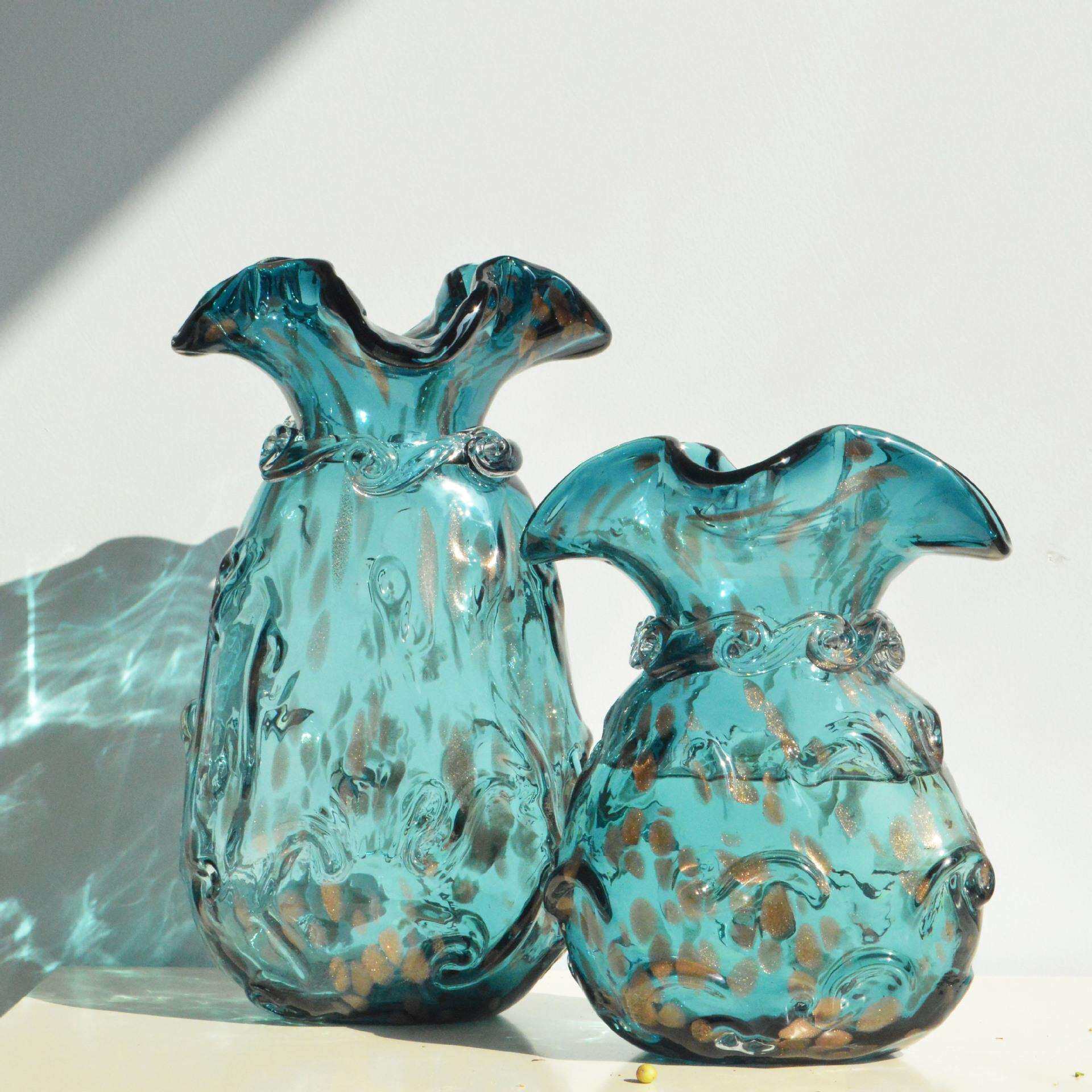 蓝色手工轻奢厚重花瓣口洒金图腾福袋异形琉璃花瓶餐桌插花摆件