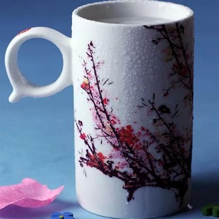 【闺待】高档梅花三弄感温变色杯遇冷遇热变色马克杯陶瓷咖啡杯