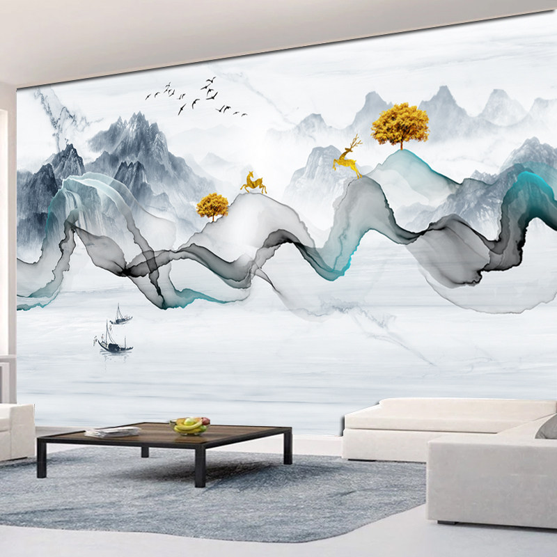 抽象线条麋鹿山水墙贴壁画客厅背景墙装饰画大幅整张贴画贴纸自粘