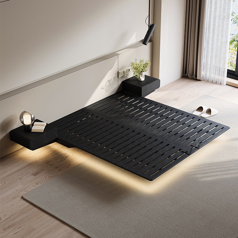 无床头实木床意式极简悬浮床侘寂风民宿飞翼床悬空床头柜一体床