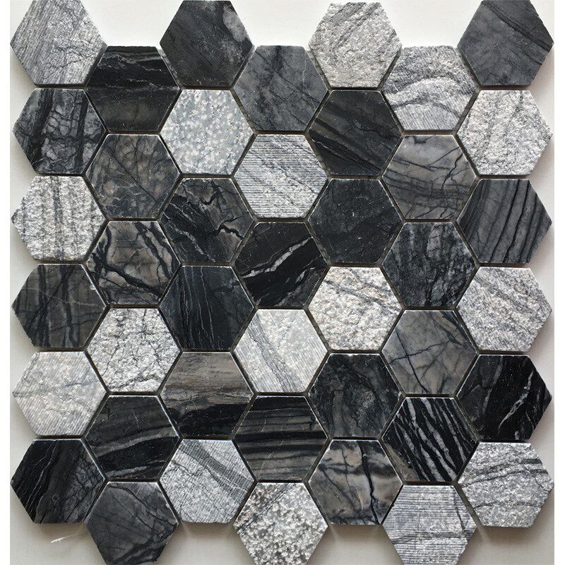 荔枝面六边形马赛克墙贴阳台卫生间大理石石材古木纹六角吧台浴室