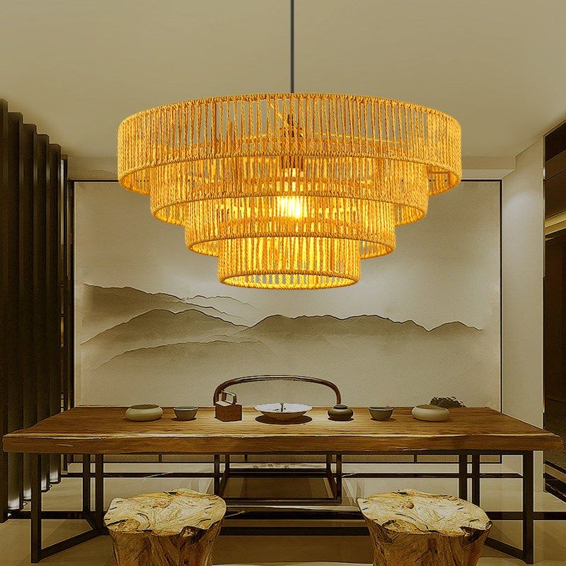 日式侘寂风复古吊灯简约创意阳台卧室客厅灯餐厅手工编织麻绳灯具