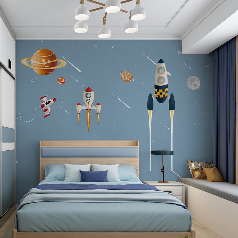 儿童房壁纸男孩太空墙布火箭卡通宇航员墙纸卧室壁布定制背景墙画