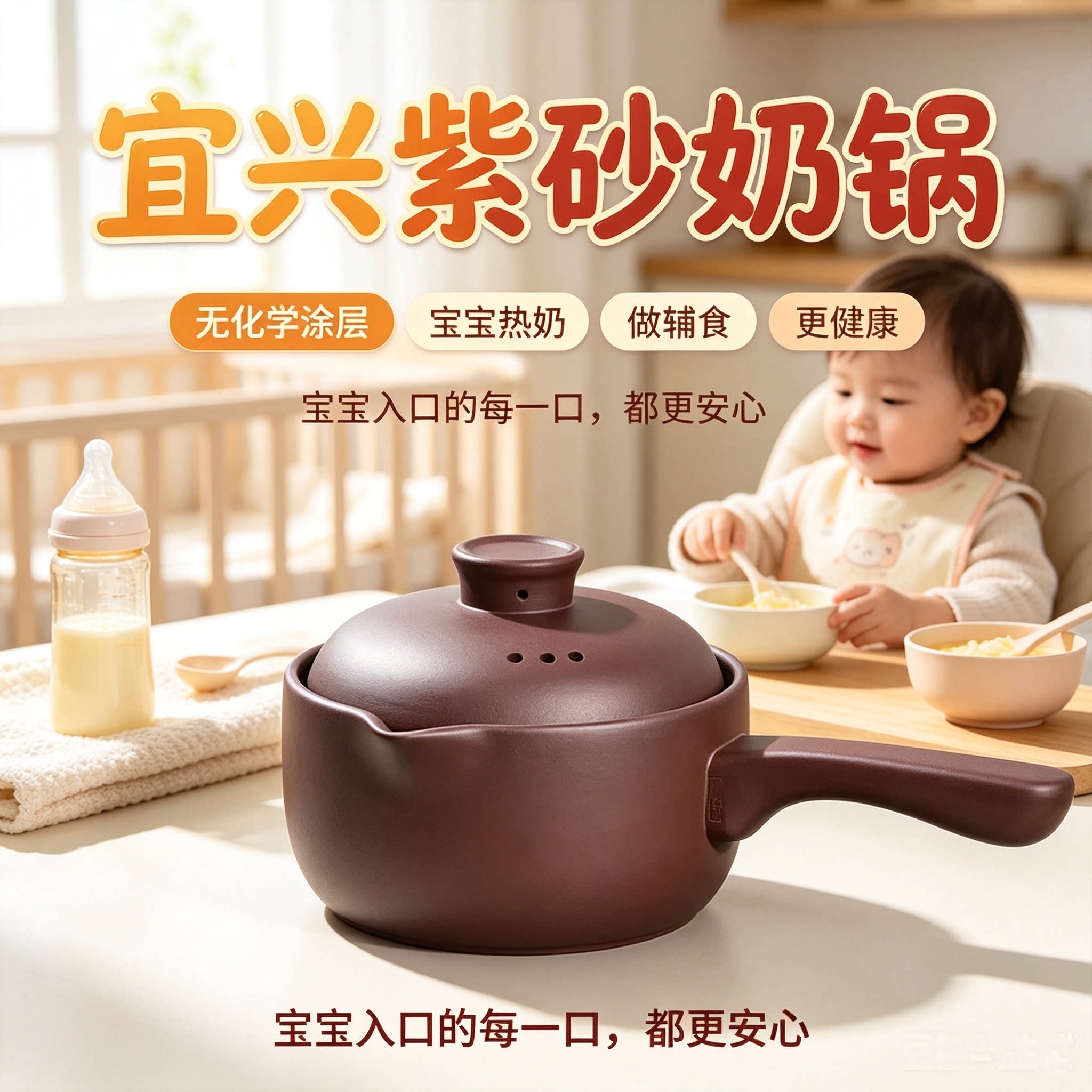 宜兴紫砂无涂层无添加婴儿奶锅
