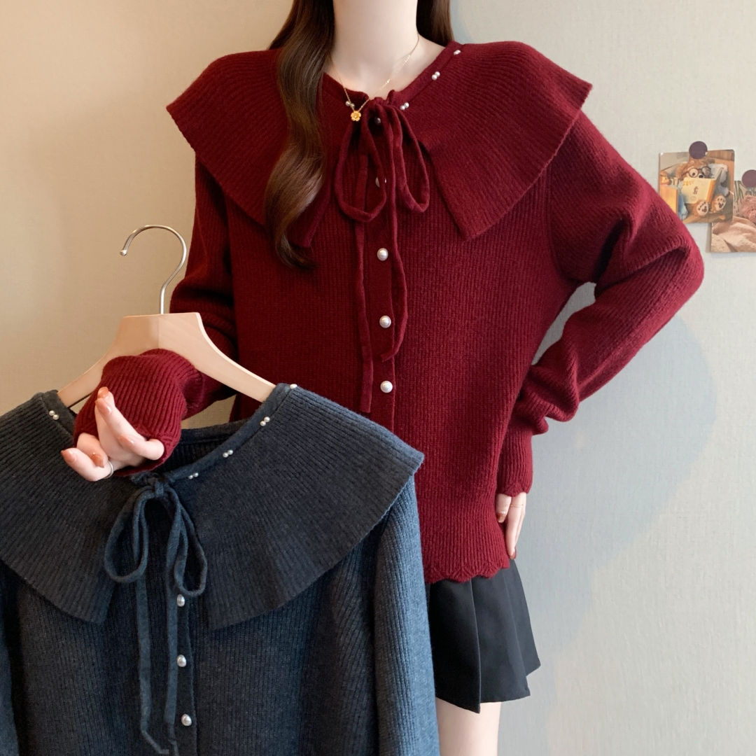 档口实拍2025新款冬季红色大翻领系带针织开衫宽松显瘦高级感毛衣