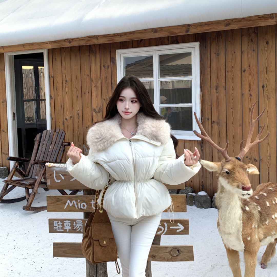 实拍实价 狐狸毛领羽绒棉服女冬季新款收腰显瘦宽松百搭外套