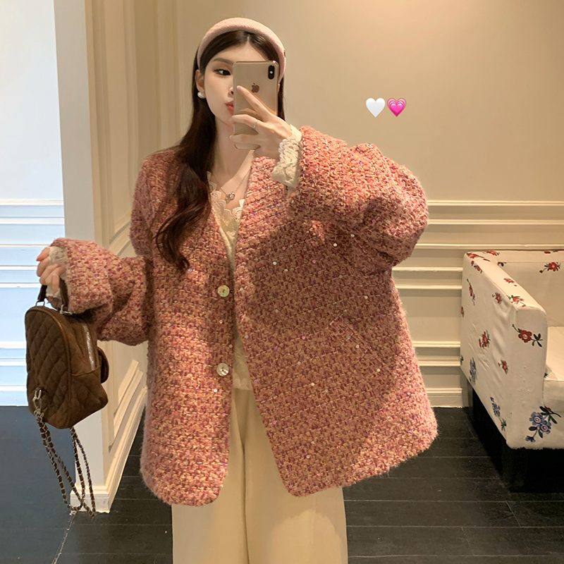 大码女装冬季小香风夹棉外套大码蕾丝打底衫大码加绒裤子三件套