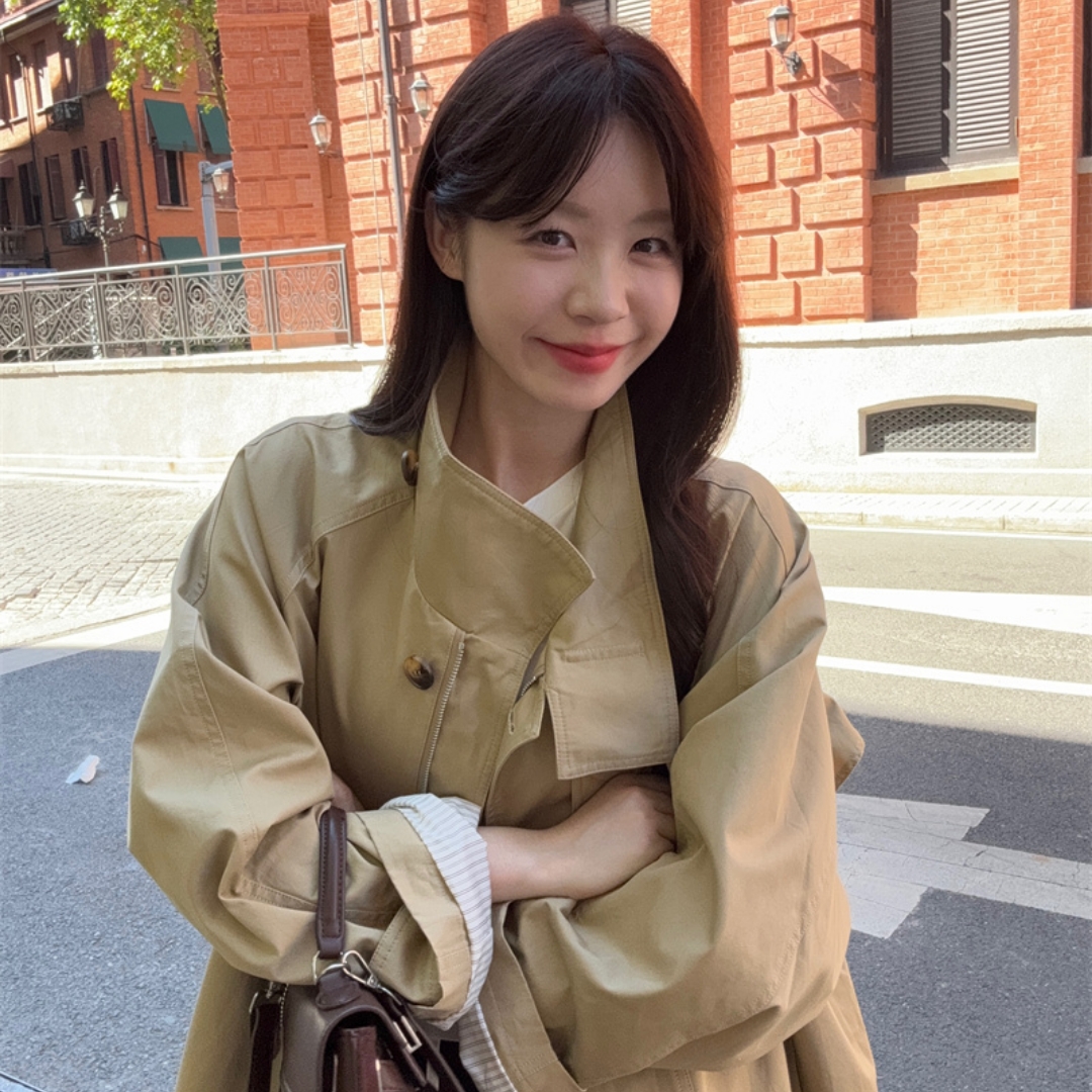 实拍实价~法式复古立领宽松短款风衣外套