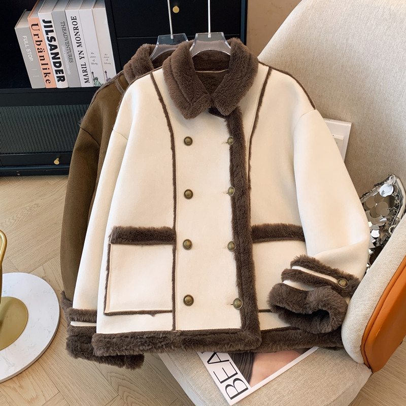 实拍大码女装胖MM秋冬外套时尚撞色皮毛一体休闲翻领显瘦短款上衣