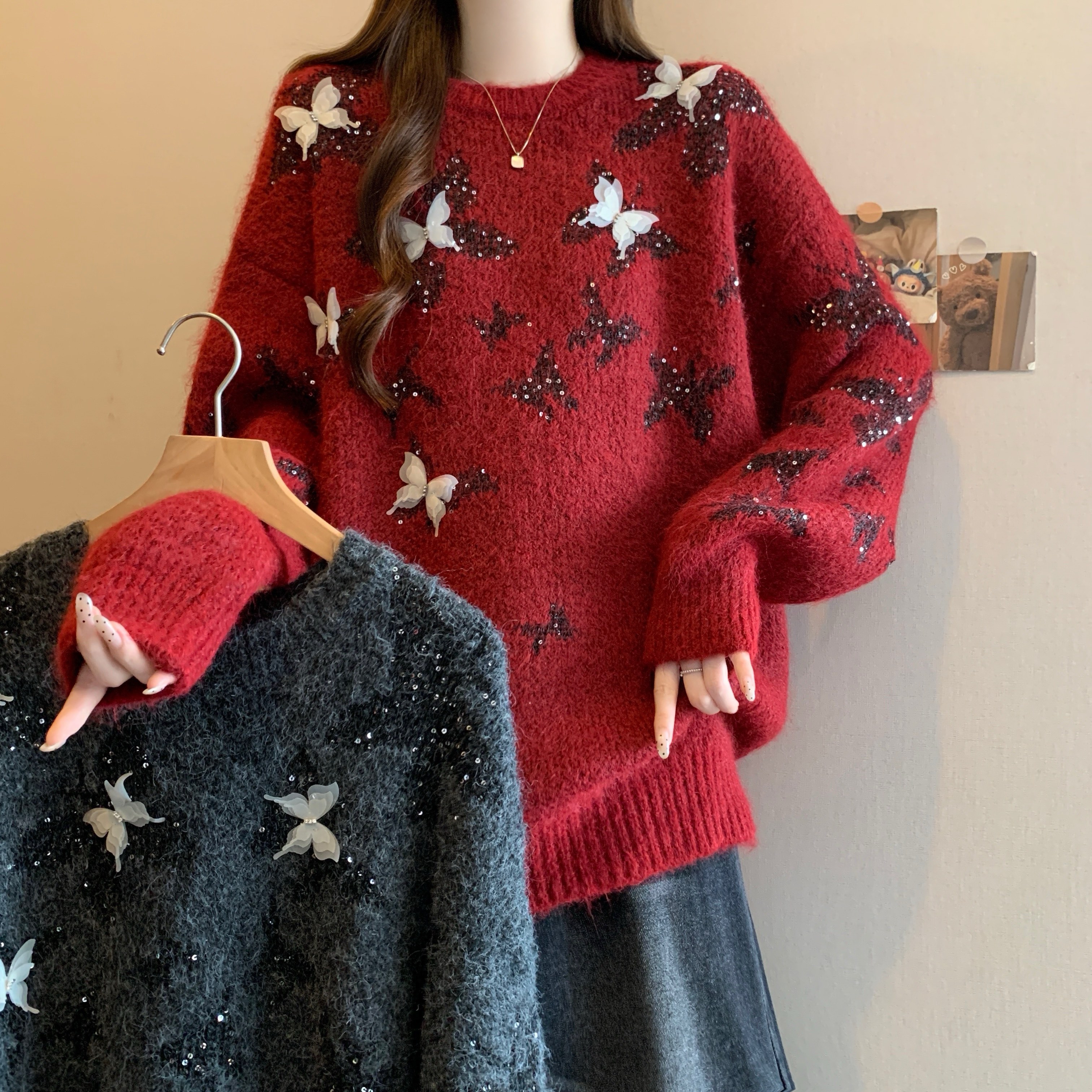 亮闪闪红色毛衣女2025春新款大码胖mm马海毛针织衫中长款洋气上衣