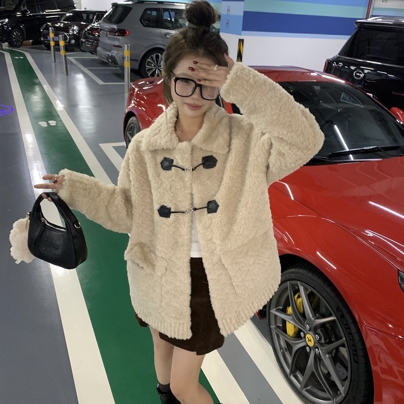 韩系翻领甜美百搭温柔奶fufu羊羔毛外套女加棉毛绒绒大衣秋冬加厚