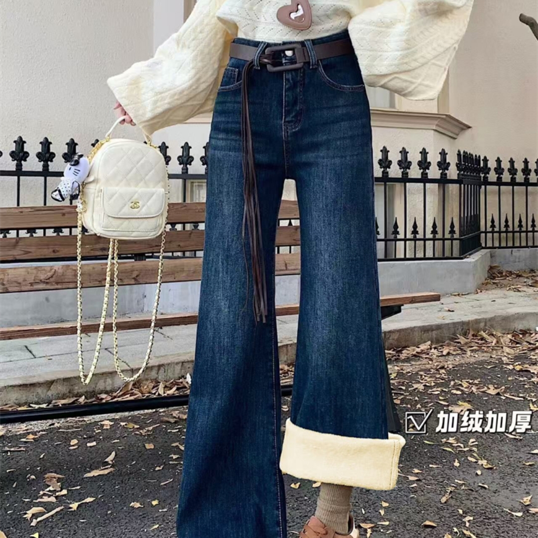 实拍实价秋冬复古加绒加厚微喇阔腿牛仔裤女高腰宽松显瘦直筒长裤
