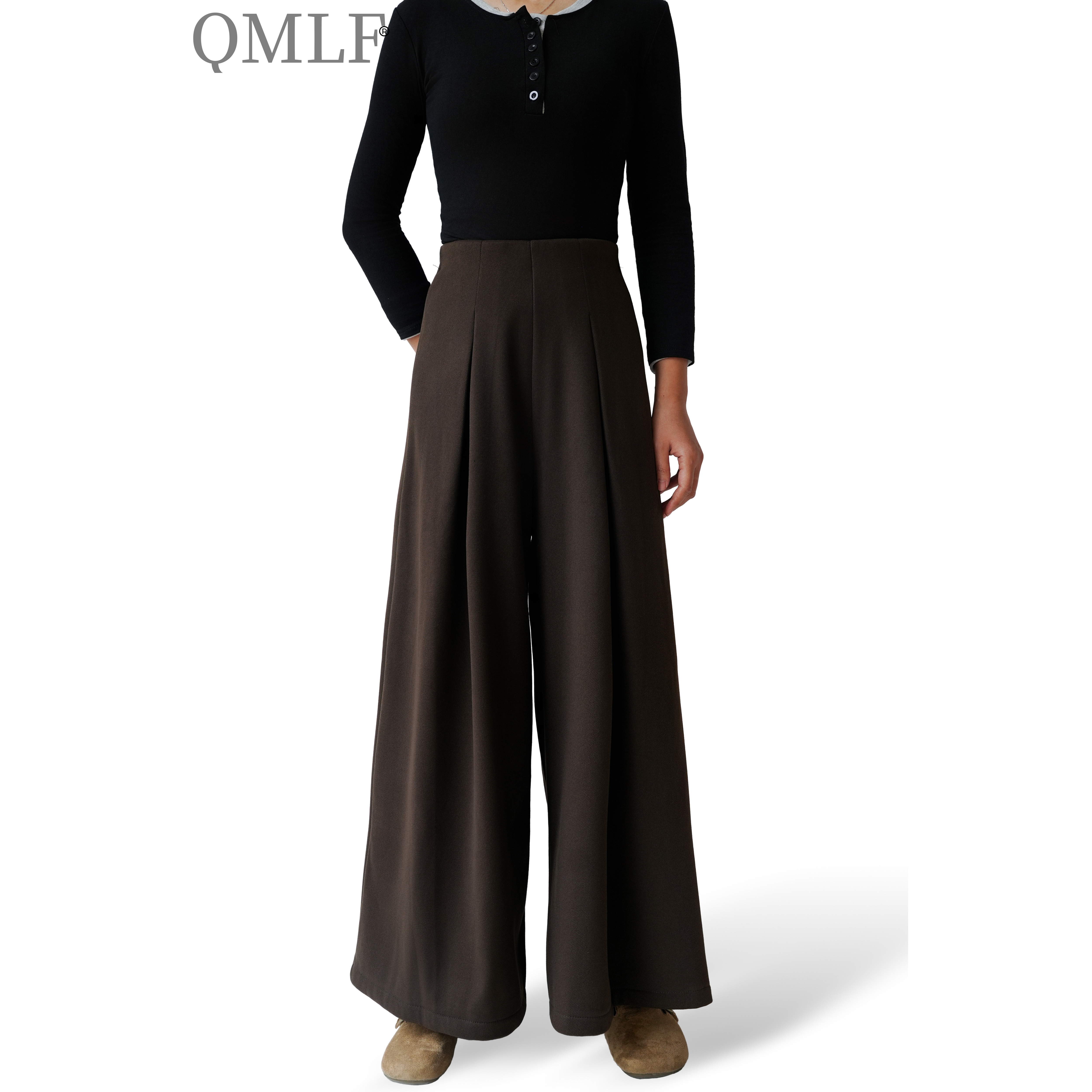 乔米利妃 25s新品秋冬季弹力裤腰毛呢加绒阔腿高腰显瘦西裤女款