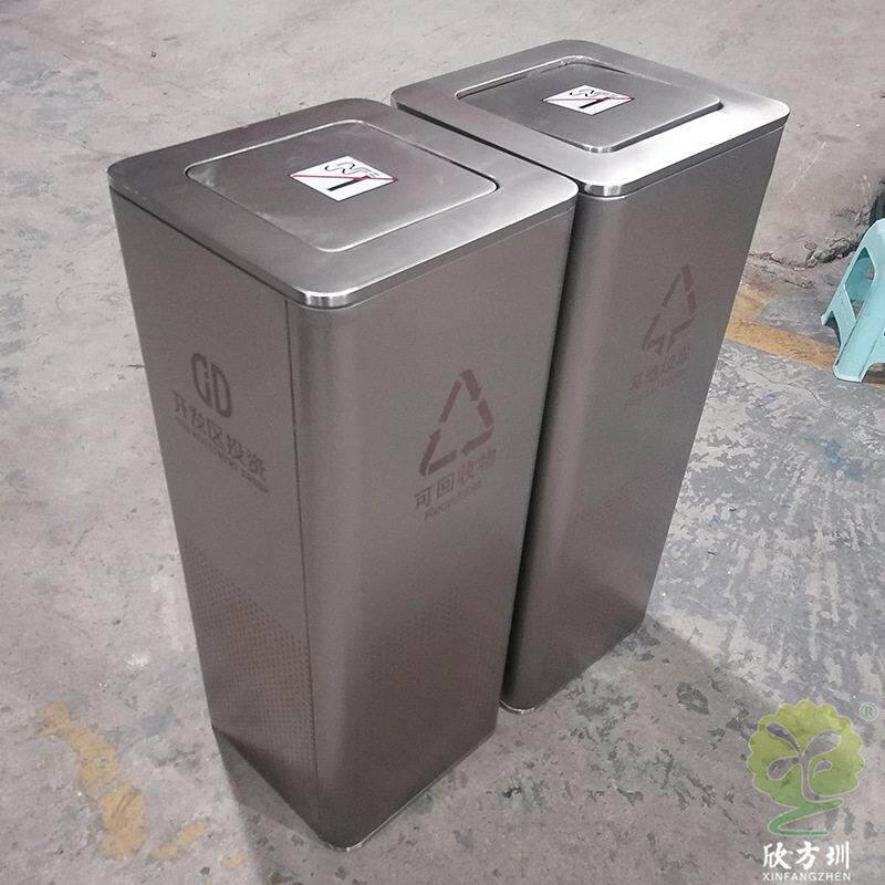 广州大学校园室内方形带盖子不锈钢分类垃圾桶金属果皮箱厂家定制