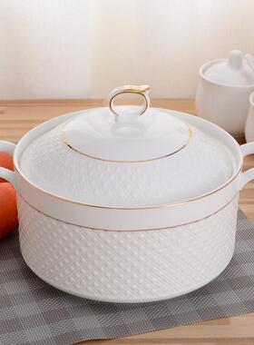 双家用耳带F755MJHS盖陶瓷汤波窝碗创意炖盅纯白大号容量饭汤汤盆