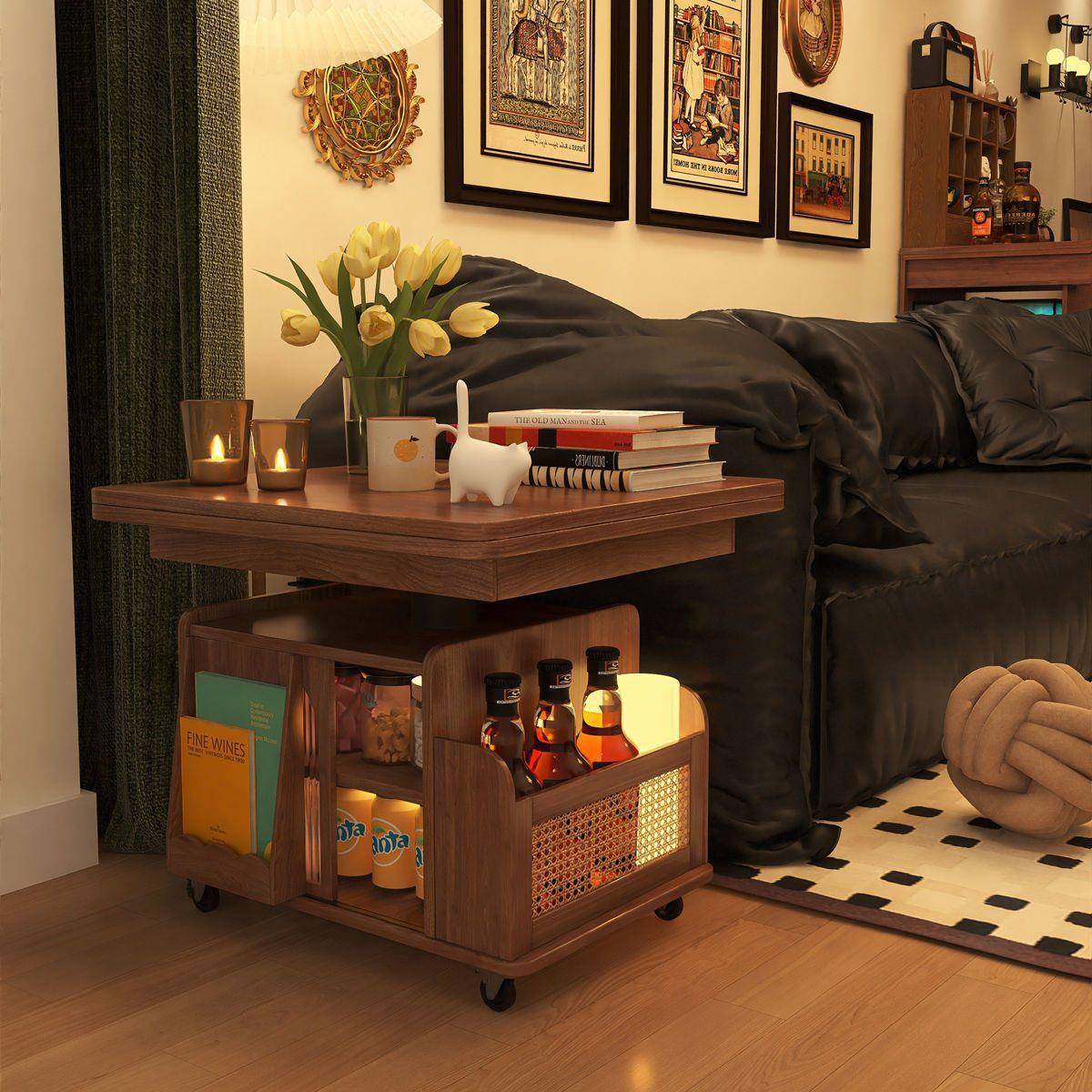 HX实木时代升降茶几移动推车茶桌折叠餐桌两用茶台多功能客厅沙发