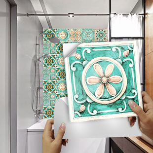 绿色水彩复古花图案瓷砖贴地板翻新改造墙面腰线装 饰画可移除墙贴