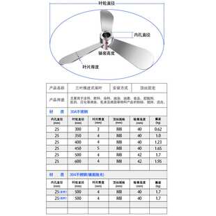 304不锈钢叶轮搅拌机桨叶片三叶推进式油漆搅拌器分散盘内孔25MM