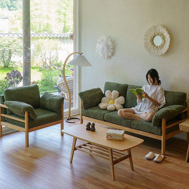 简约风布艺小户型实木沙发可拆洗灯芯绒沙发椅客厅三人座沙发橡胶