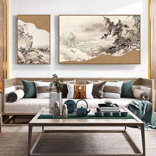 山抹微云新中式禅意客厅装饰画双联国画风景意境壁画沙发背景挂画