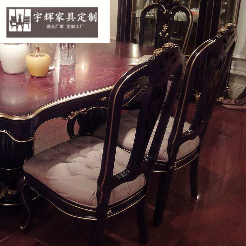 美式长方形实木雕刻桦木餐台 法式新古典餐桌椅子组合餐厅家具