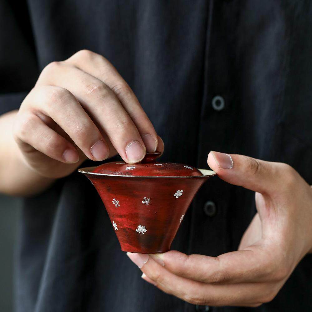 晴先生景德镇颂器造物月桃花仙图盖碗陶瓷鎏银单手工手绘泡茶碗