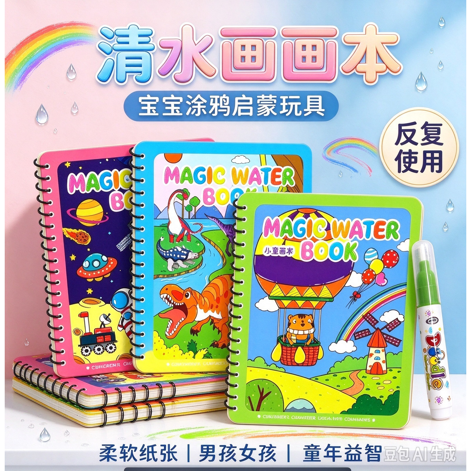 儿童神奇水画本宝宝益智反复涂鸦涂色填色幼儿清水画册XZ