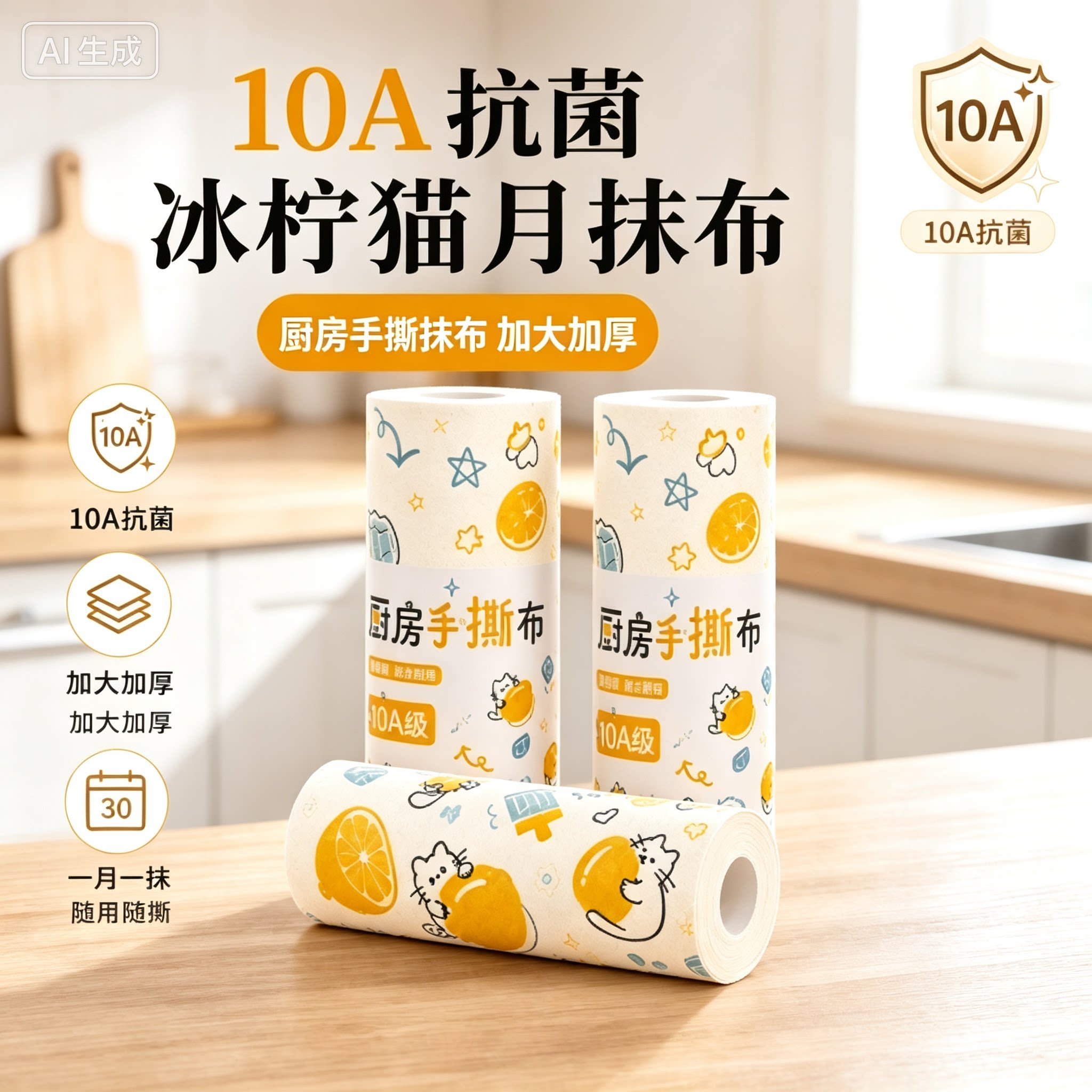 【下单立减50】10A抗菌柠檬猫月抛手撕抹布不沾油厨房懒人抹布JH