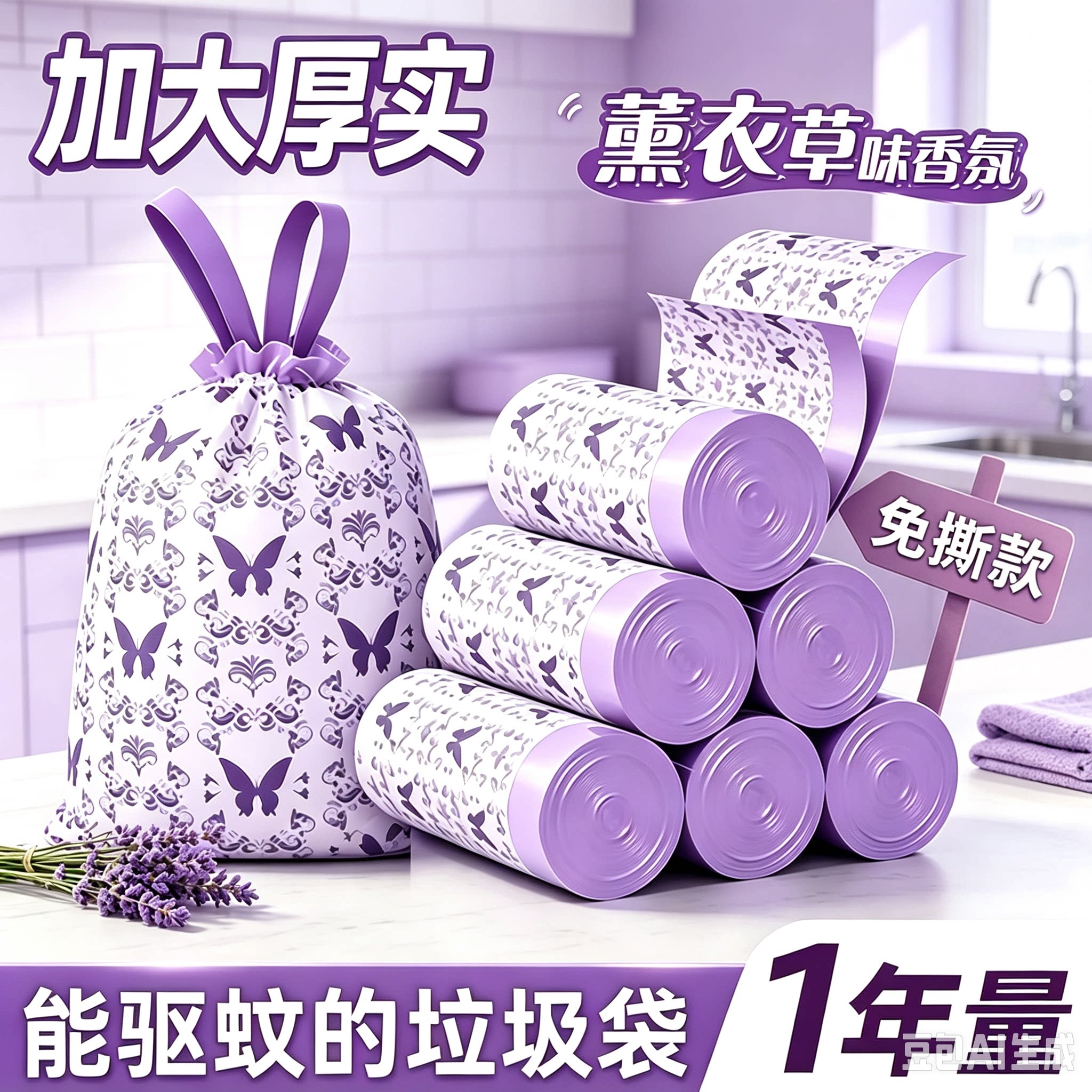 薰衣草香氛免撕抽绳垃圾袋加大加厚手提家用厨房客厅清洁收口HF3