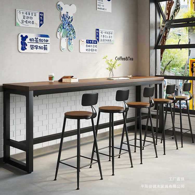 实木吧台桌椅组合咖啡店奶茶店靠墙窄桌阳台休闲桌椅窗台高脚桌椅