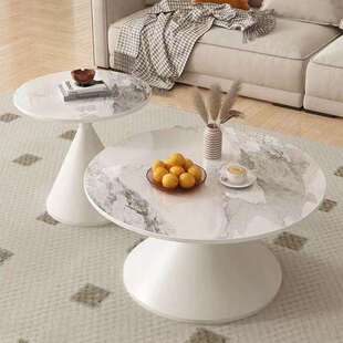 奶油风岩板茶几极简网红圆形客厅茶几家用小户型民宿桌子现代组合