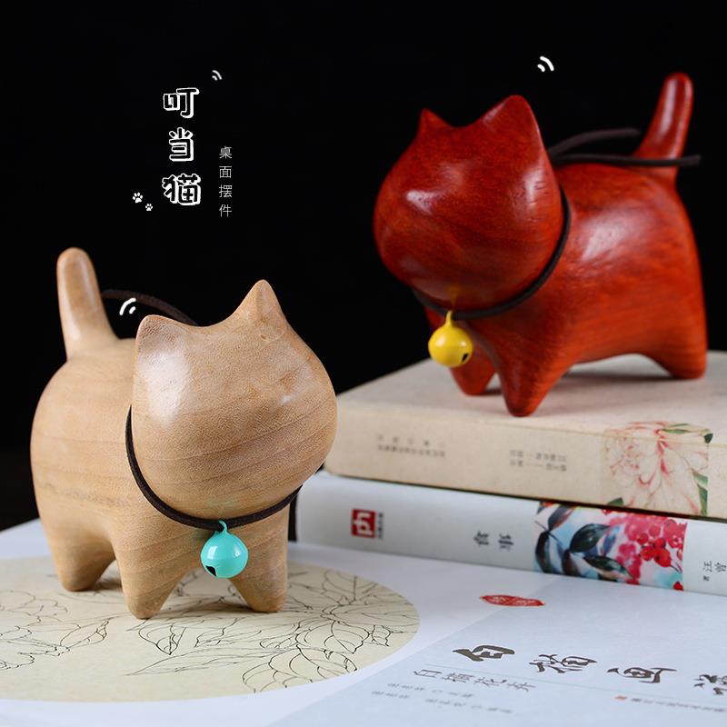 香樟木叮当猫大号桌面摆件呆萌可爱猫咪紫檀木雕刻工艺装饰品