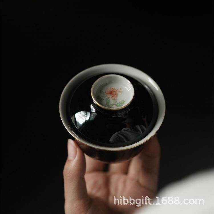赋山堂黛墨秋葵盖碗手绘纯手工单个陶瓷家用小号泡茶碗