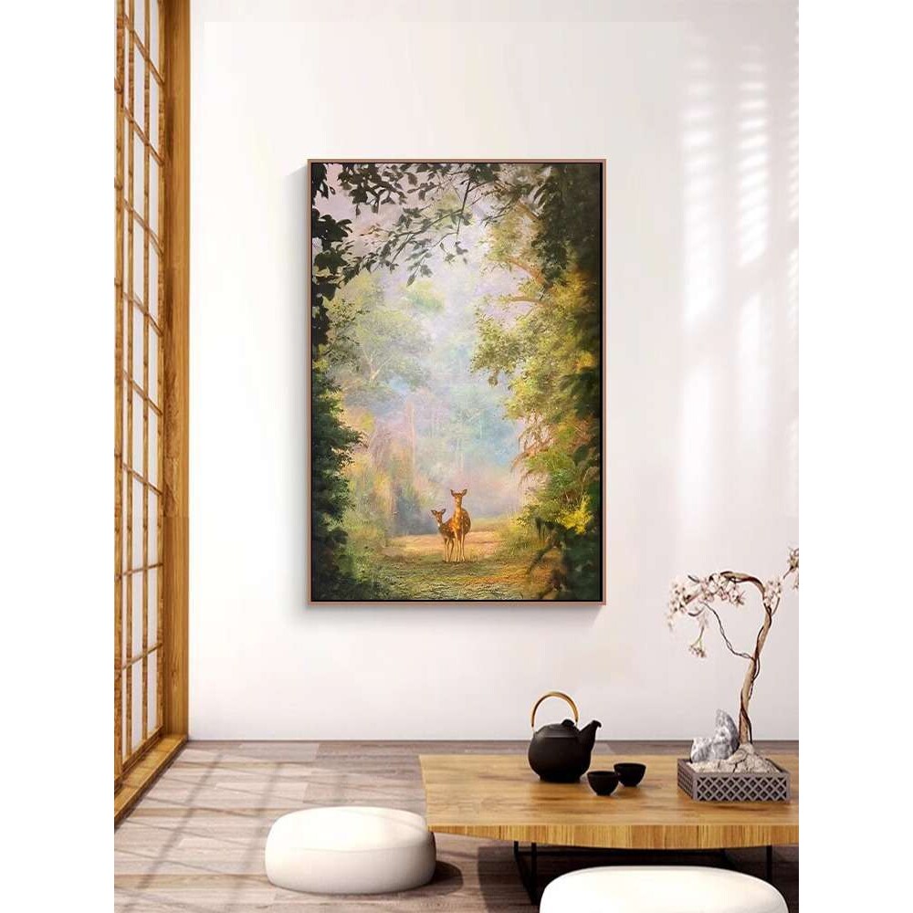 奶油风梅花鹿玄关挂画新中式林深见鹿餐厅客厅寓意美好森林装饰画