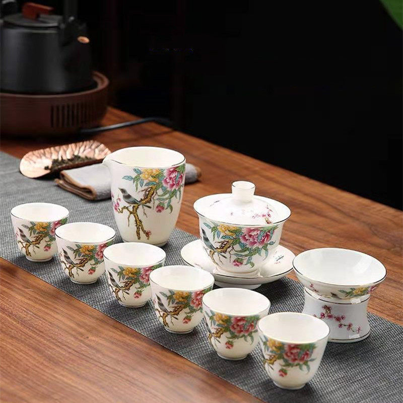 高档花开富贵茶具套装田园花鸟泡茶器羊脂玉高端三才盖碗