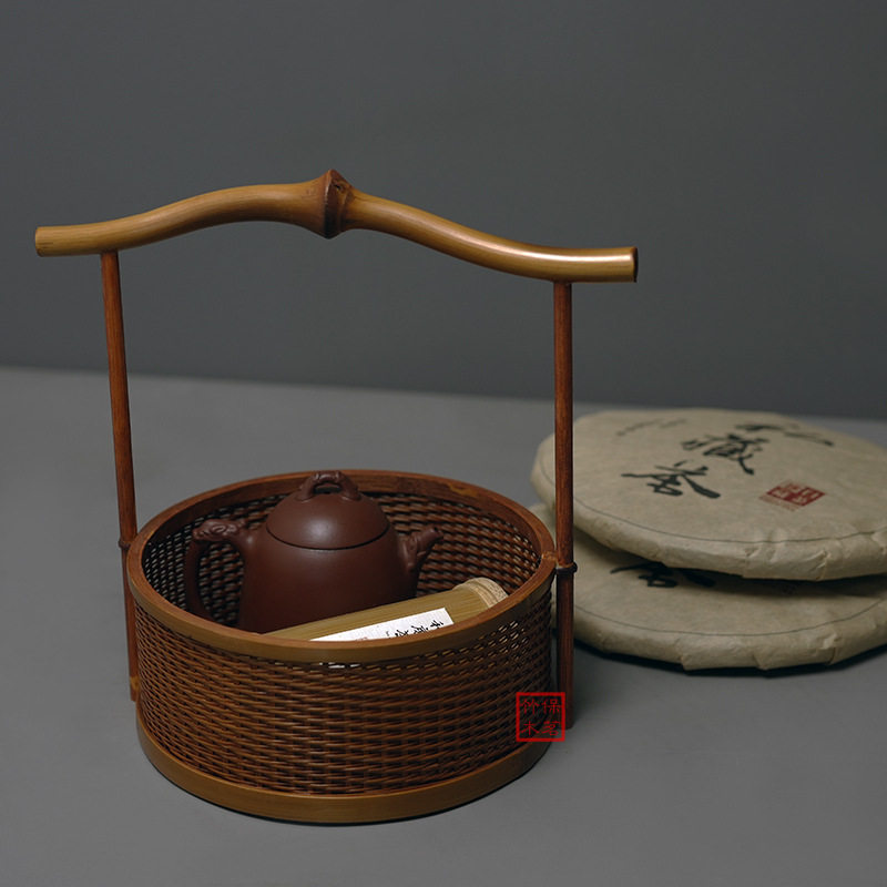 中式仿古筇竹手工竹编手提篮 圆形水果茶点盒 茶具收纳篮