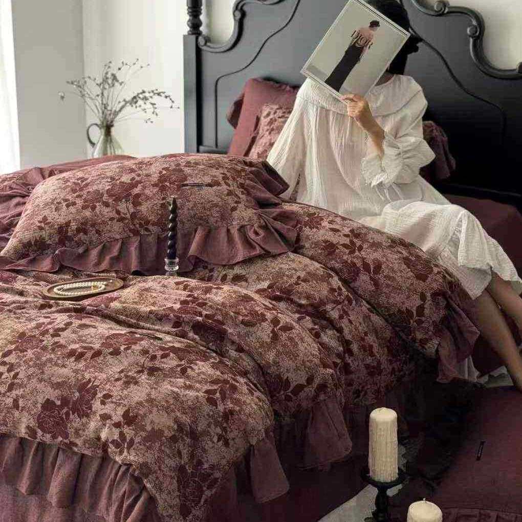 法式复古风全棉色织花卉大提花四件套纯棉荷叶花边高端被套床品