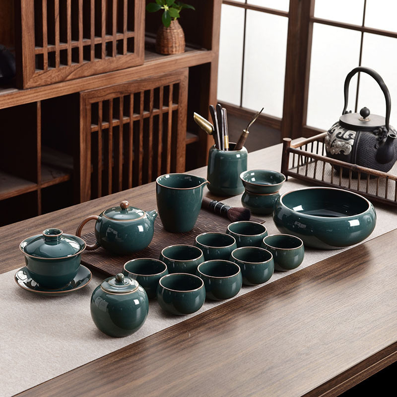 哥窑秘蓝 汝窑功夫茶具套装 陶瓷开片可养茶壶盖碗茶杯整套礼盒