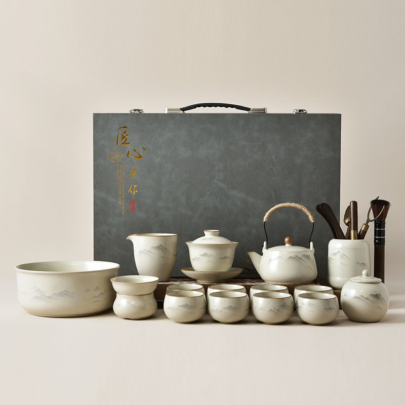 水墨山水 汝窑功夫茶具套装 陶瓷开片可养茶壶盖碗茶杯整套礼盒