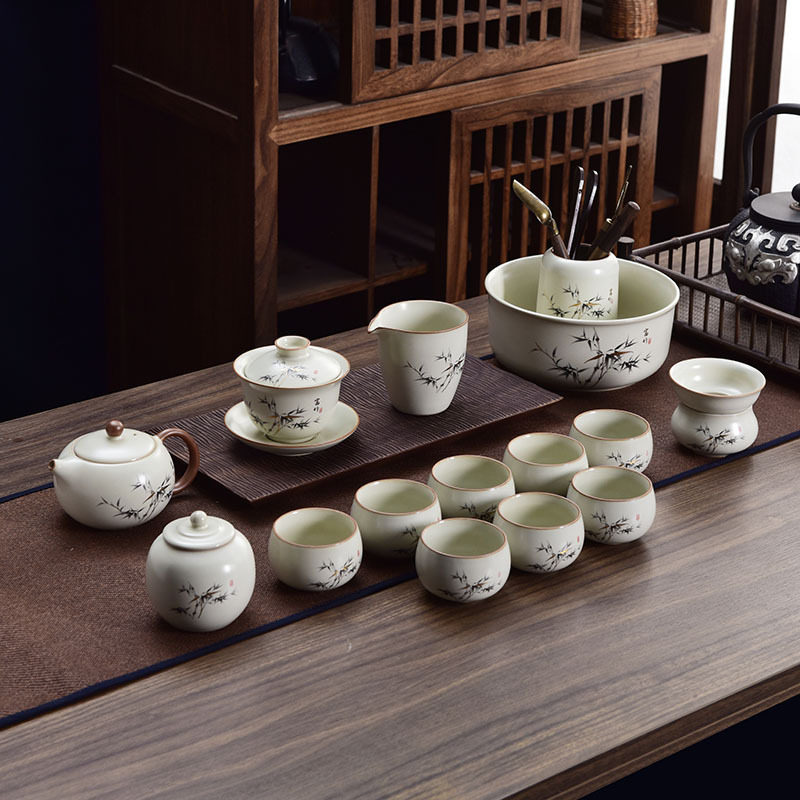 富竹汝窑功夫茶具套装 陶瓷开片可养茶壶盖碗茶杯整套 礼盒装