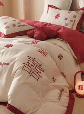P66D新中式婚嫁床上四件套60支喜字刺绣红色结婚庆被套床单床笠