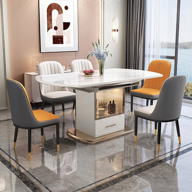 岩板储物餐桌多功能伸缩圆桌现代简约轻奢家用带电磁炉餐桌椅组合