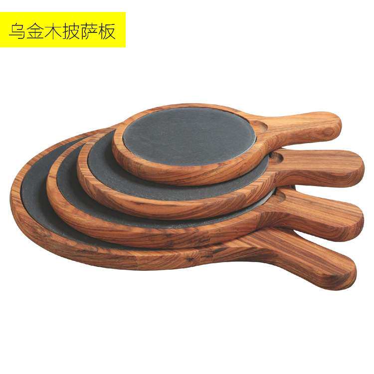 现货西餐用品圆形凹槽乌金木带石板披萨板牛排牛扒盘木餐具