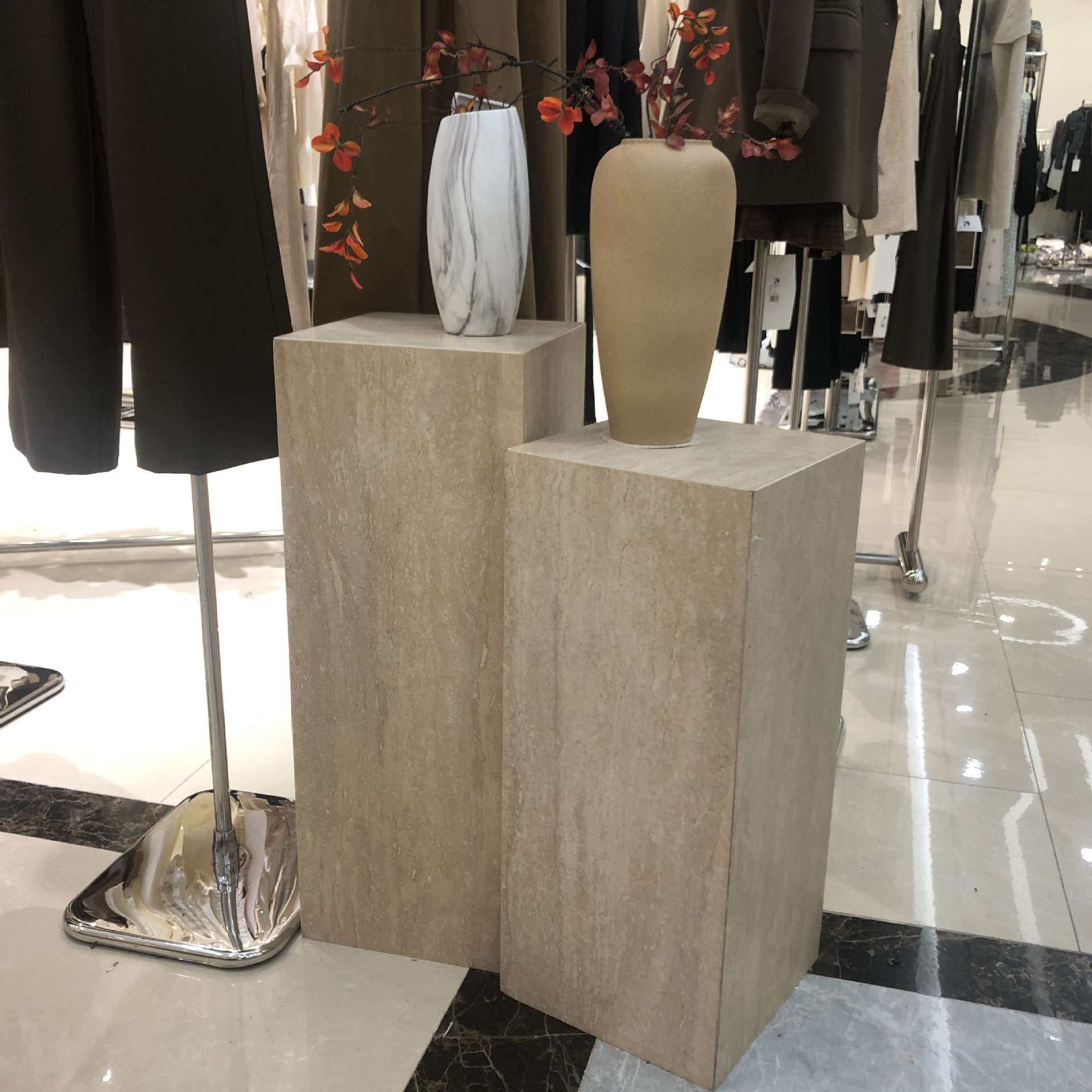 酒店服装店哑光方形天然洞石大理石边几装饰立柱工艺品摆件底座