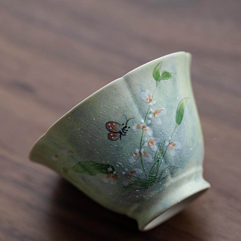 手绘心兰二才茶盖碗杯小号田风园功夫茶具MST-342女士不烫手陶文