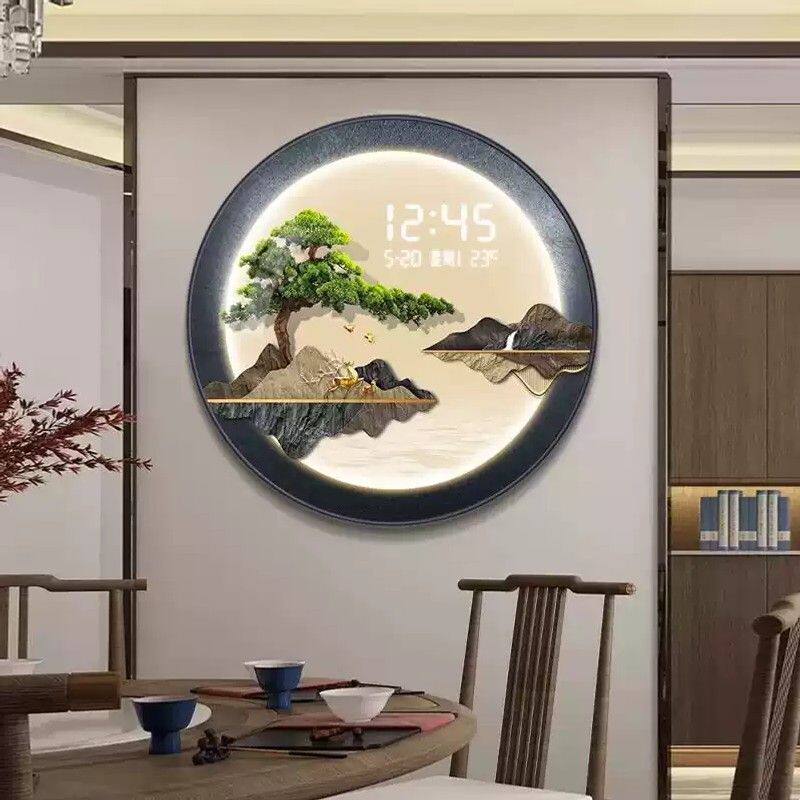 迎客松正对门玄关装饰画电子屏钟表挂钟客厅餐厅茶室会所时钟挂墙